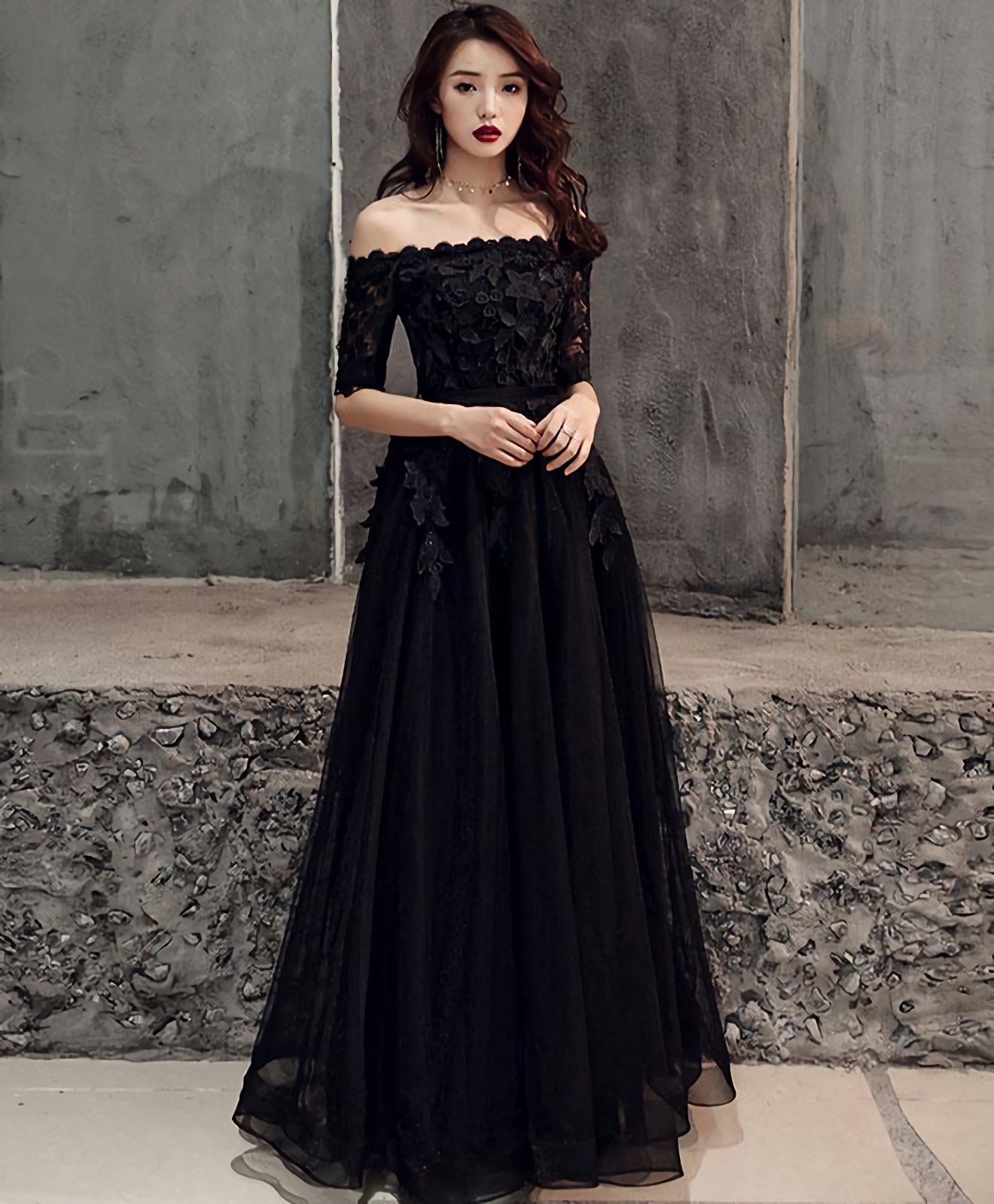 Black Tulle Lace Long Prom Dress, Black Tulle Evening Dress, 1