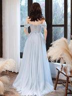 Blue Tulle Off Shoulder Tulle Lace Long Prom Dress, Blue Formal Dress
