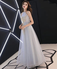Gray Tulle Lace Long Prom Dress, Gray Tulle Evening Dress/4