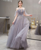Blue Round Neck Tulle Sequin Long Prom Dress, Blue Evening Dress