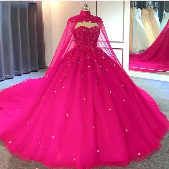 hot pink detachable cape quinceanera sweet 16 ball gown