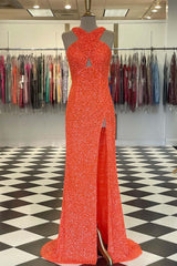 Fitted Criss Coss Neck Orange Prom Dress with Slit