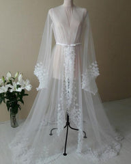 white v neck tulle long sleeved bridal boudoir robe with 3d flowers