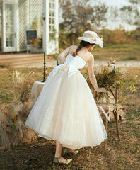 Champagne Tulle Retro Short Dress, Tulle Tea Length Prom Dress