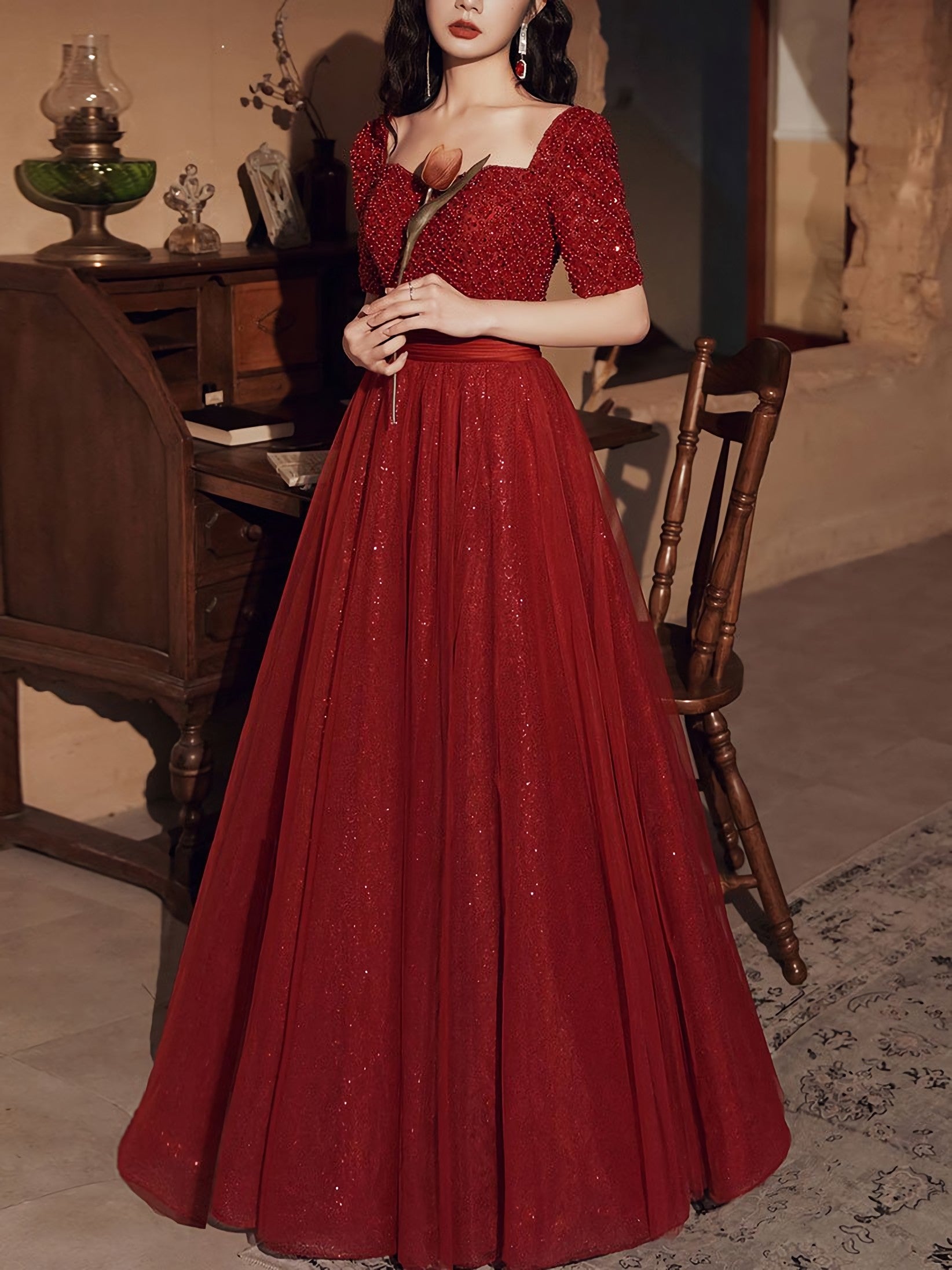 Burgundy Tulle Beds Long Prom Dress, Burgundy Tulle Formal Dress Main image