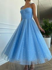 Blue Tulle Tea Length Prom Dress Blue Tulle Formal Dress