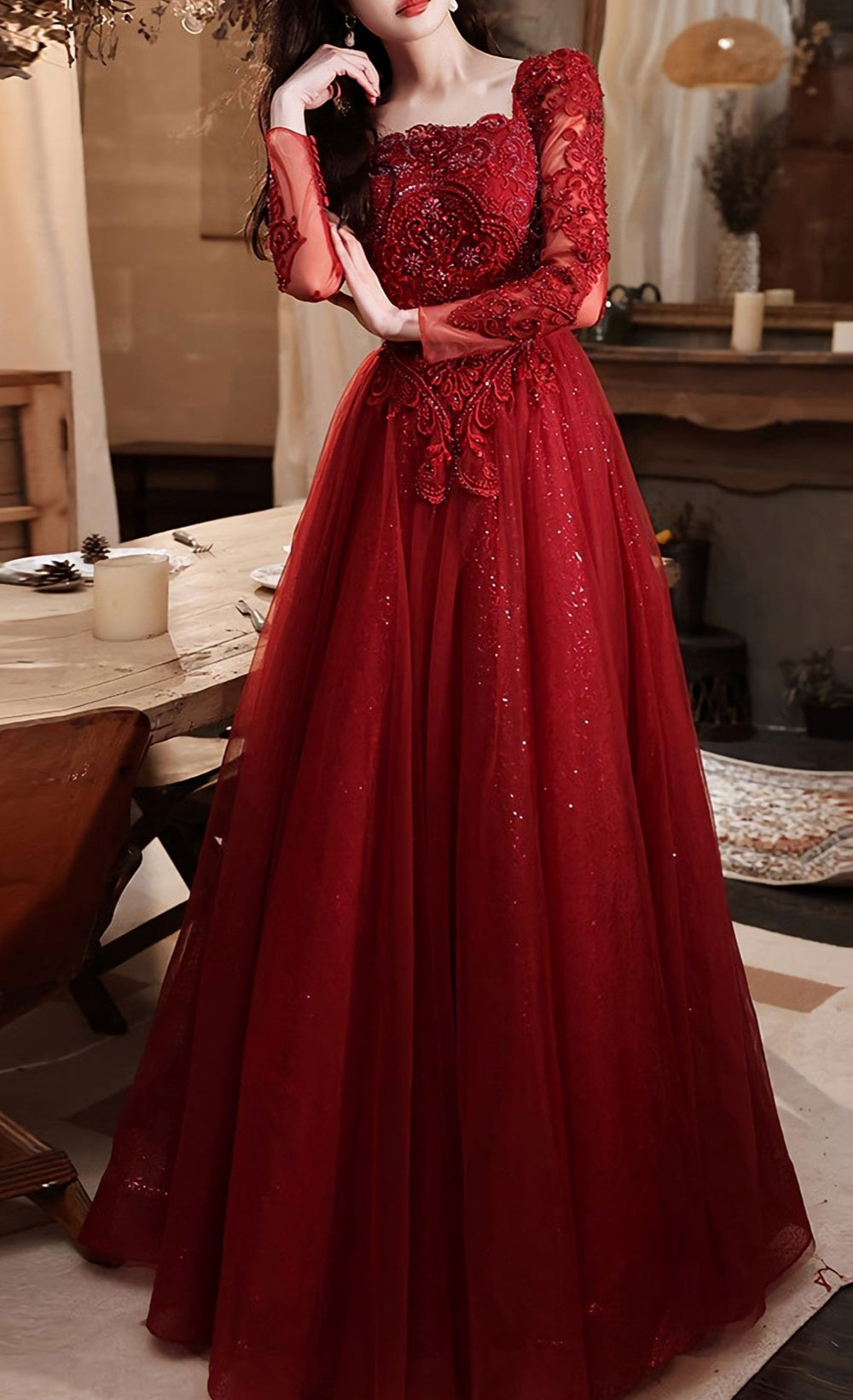 Burgundy Tulle Lace Long Prom Dress, Burgundy Tulle Lace Evening Dress, 2