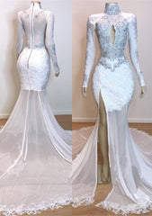 2024 White Long Sleeve High Neck Lace and Tulle Side Slit Mermaid Prom Dresses