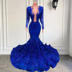 Hot Sparkle Royal Blue Sequin Long sleeves Mermaid Prom Dresses