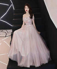 Pink Tulle Lace Long Prom Dress, Pink Bridesmaid Dress, 1