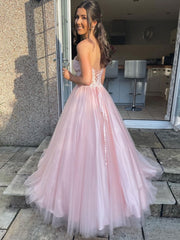 Pink Sweetheart Tulle Lace Long Prom Dress Pink Tulle Lace Evening Dress