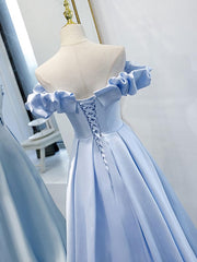 Blue A Line Off Shoulder Long Prom Dress, Blue Evening Dress
