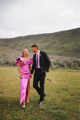 Bescheidener quadratischer Ausschnitt rosa lange Prom -Kleider Abendkleid