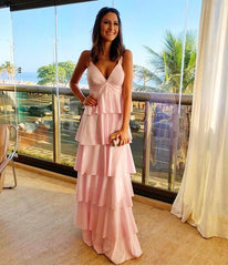 Smuk V Neck Pink Long Prom kjole, formel aftenkjole