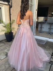 Pink Sweetheart Tulle Lace Long Prom Dress Pink Tulle Lace Evening Dress