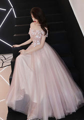 Pink Tulle Lace Long Prom Dress, Pink Bridesmaid Dress, 1