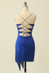 Royal Blue Beaded Tassel Lace-Up Short Party Gown