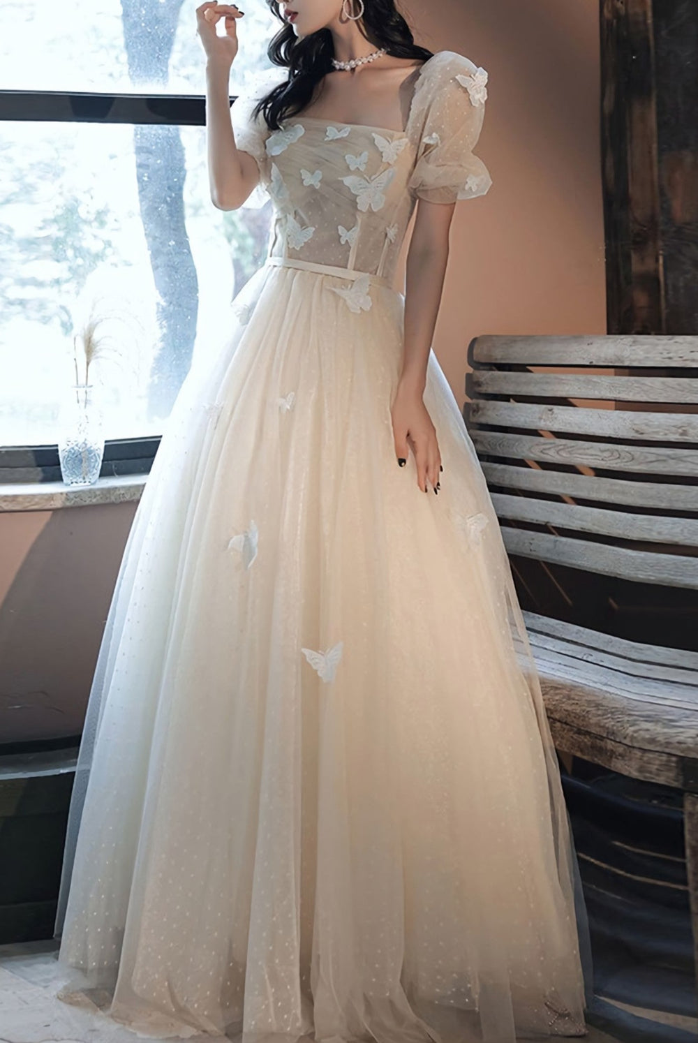 Light Champagne Tulle Long Prom Dress, Light Champagne Evening Dress