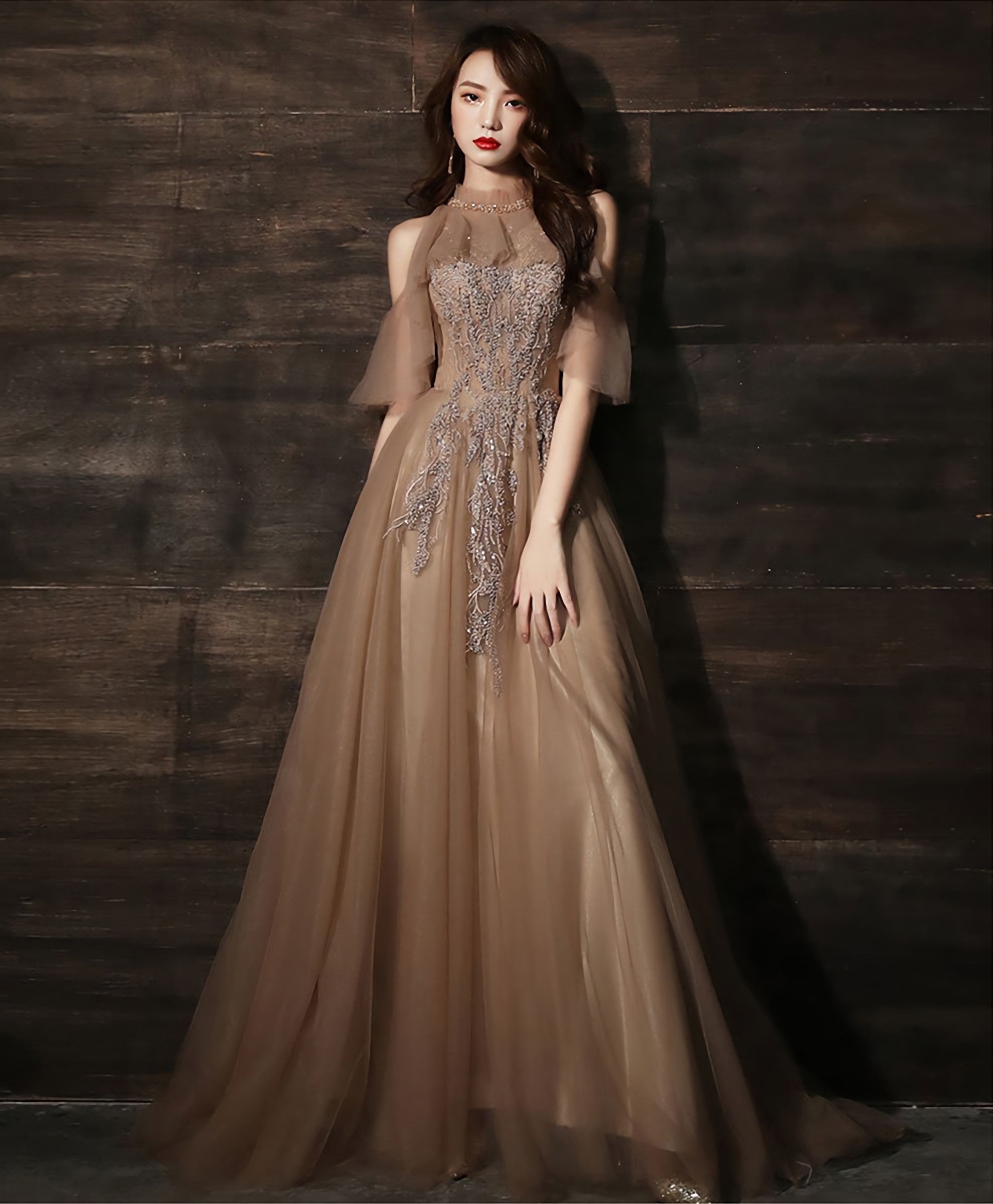 Champagne High Neck Tulle Lace Long Prom Dress, Formal Dress Main image