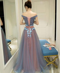Gray Blue Tulle Off Shoulder Long Prom Dress, Gray Blue Evening Dress