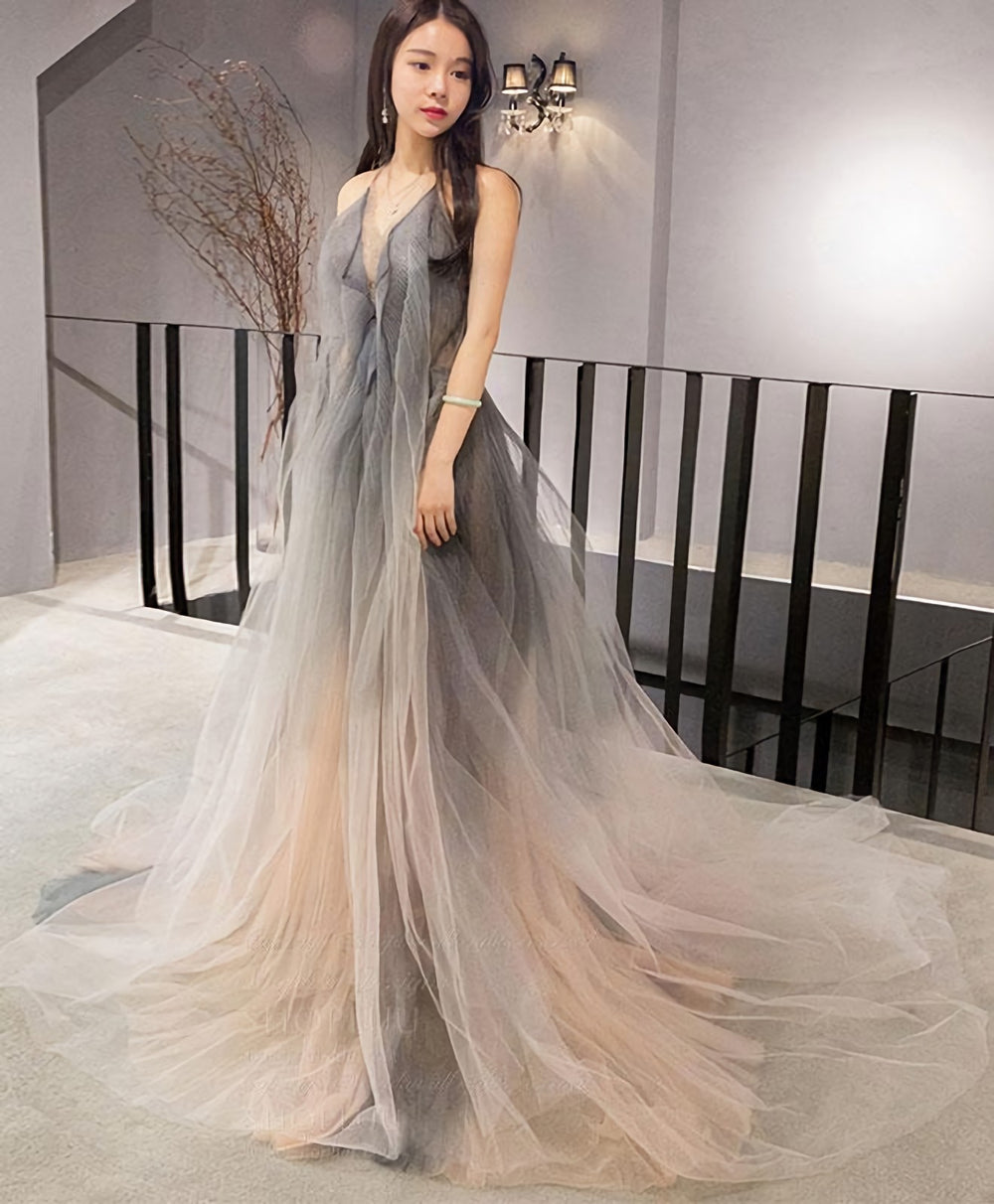 Gray V Neck Tulle Long Prom Dress, Gray Tulle Evening Dress, 1