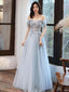 Blue Tulle Off Shoulder Tulle Lace Long Prom Dress, Blue Formal Dress