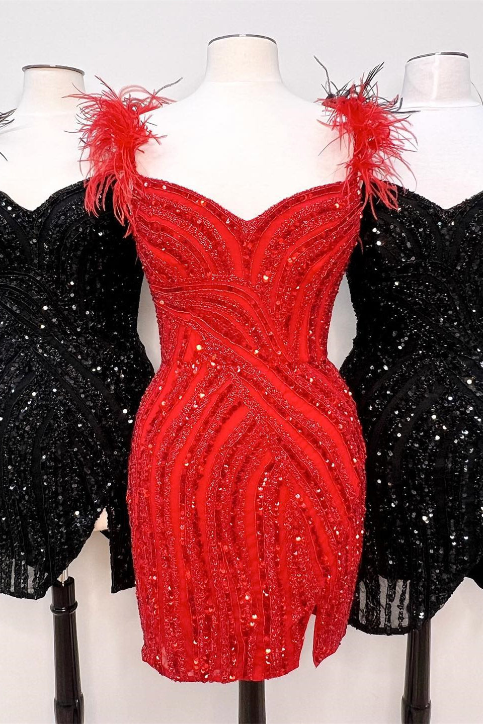 Red V Neck Feathers Sequins Sheath Homecoming Dress