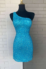 Blue Sequin One-Shoulder Cutout Bodycon Homecoming Dress