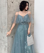 Green Tulle Lace Long Prom Dress, Green Evening Dress