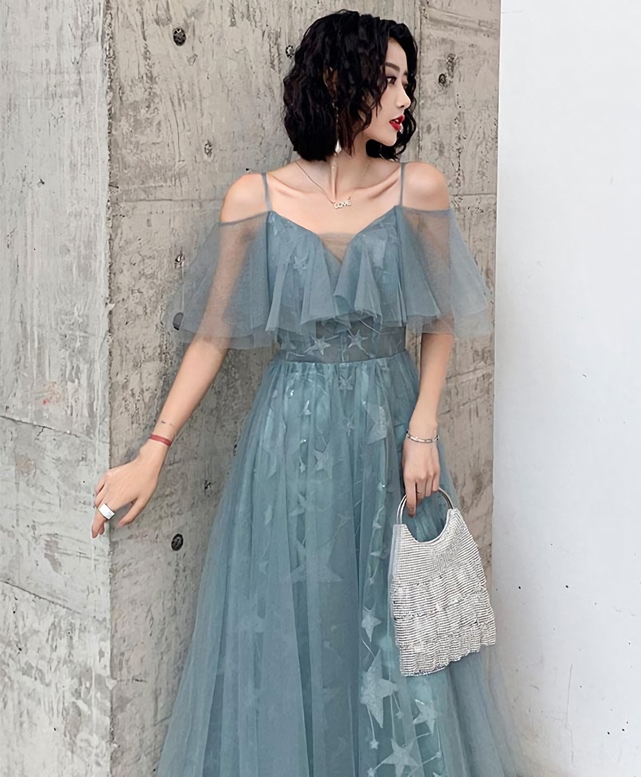 Green Tulle Lace Long Prom Dress, Green Evening Dress