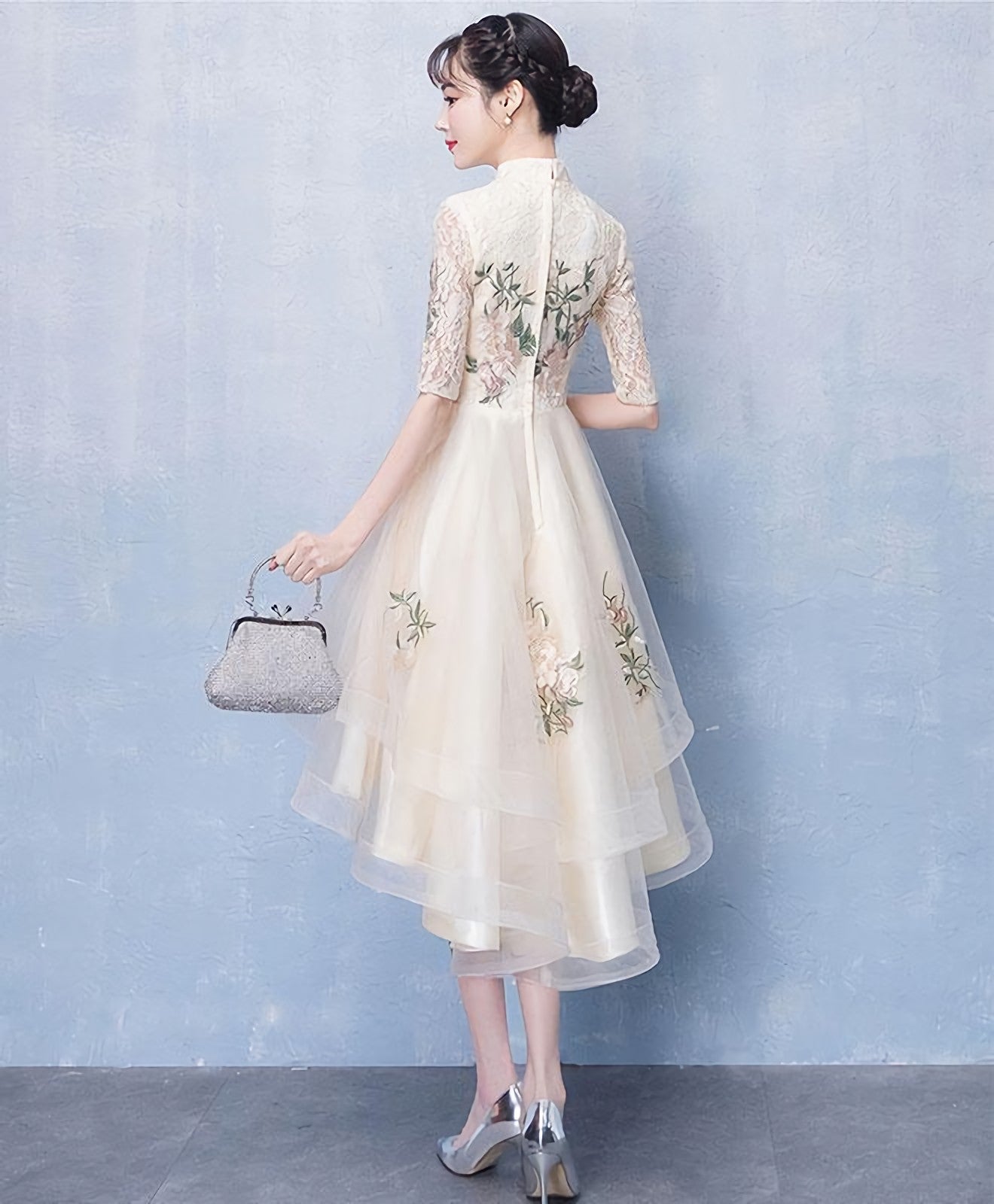 Unique Champagne Tulle Lace Applique Prom Dress Evening Dress Secondary image