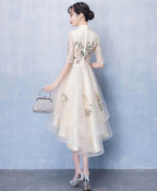 Unique Champagne Tulle Lace Applique Prom Dress, Evening Dress