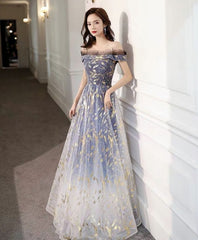 Blue Tulle Off Shoulder Lace Long Prom Dress, Tulle Formal Dress