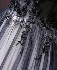 Black V Neck Tulle Lace Applique Long Prom Dress, Black Evening Dress, 1