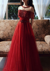 Burgundy Round Neck Beads Tulle Long Prom Dress