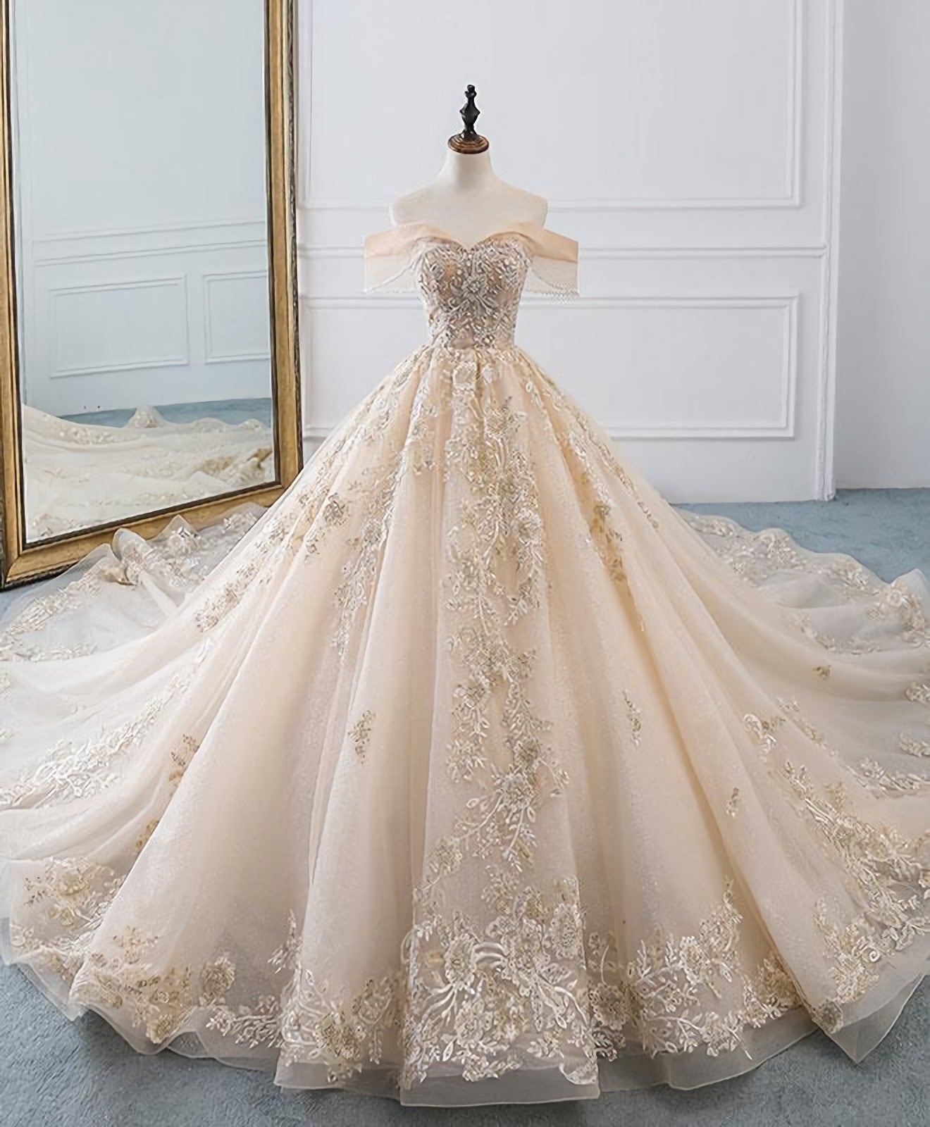 Champagne Off Shoulder Tulle Lace Long Wedding Dress, Wedding Gown