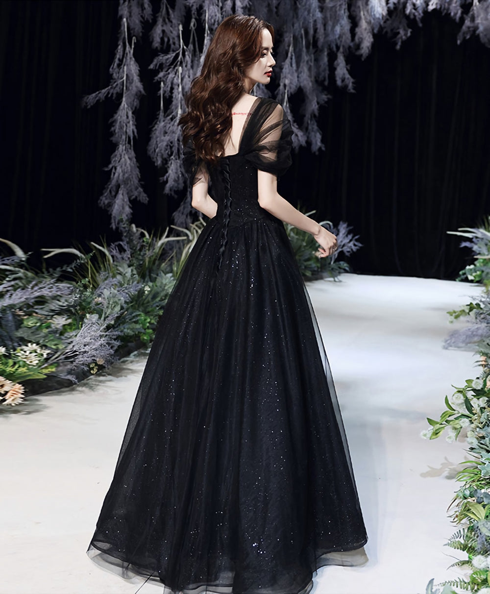 Black Tulle Lace Off Shoulder Long Prom Dress, Black Evening Dress