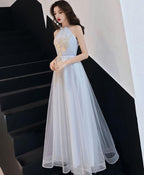 Gray Tulle Lace Long Prom Dress, Gray Tulle Evening Dress/4