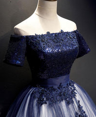 Blue Tulle Lace Long Prom Dress, Blue Tulle Lace Formal Dress
