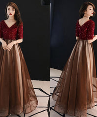 Burgundy Sequin Tulle Long Prom Dress, Burgundy Evening Dress