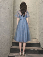 Blue Tulle Lace Short Prom Dress, Blue Tulle Homecoming Dress