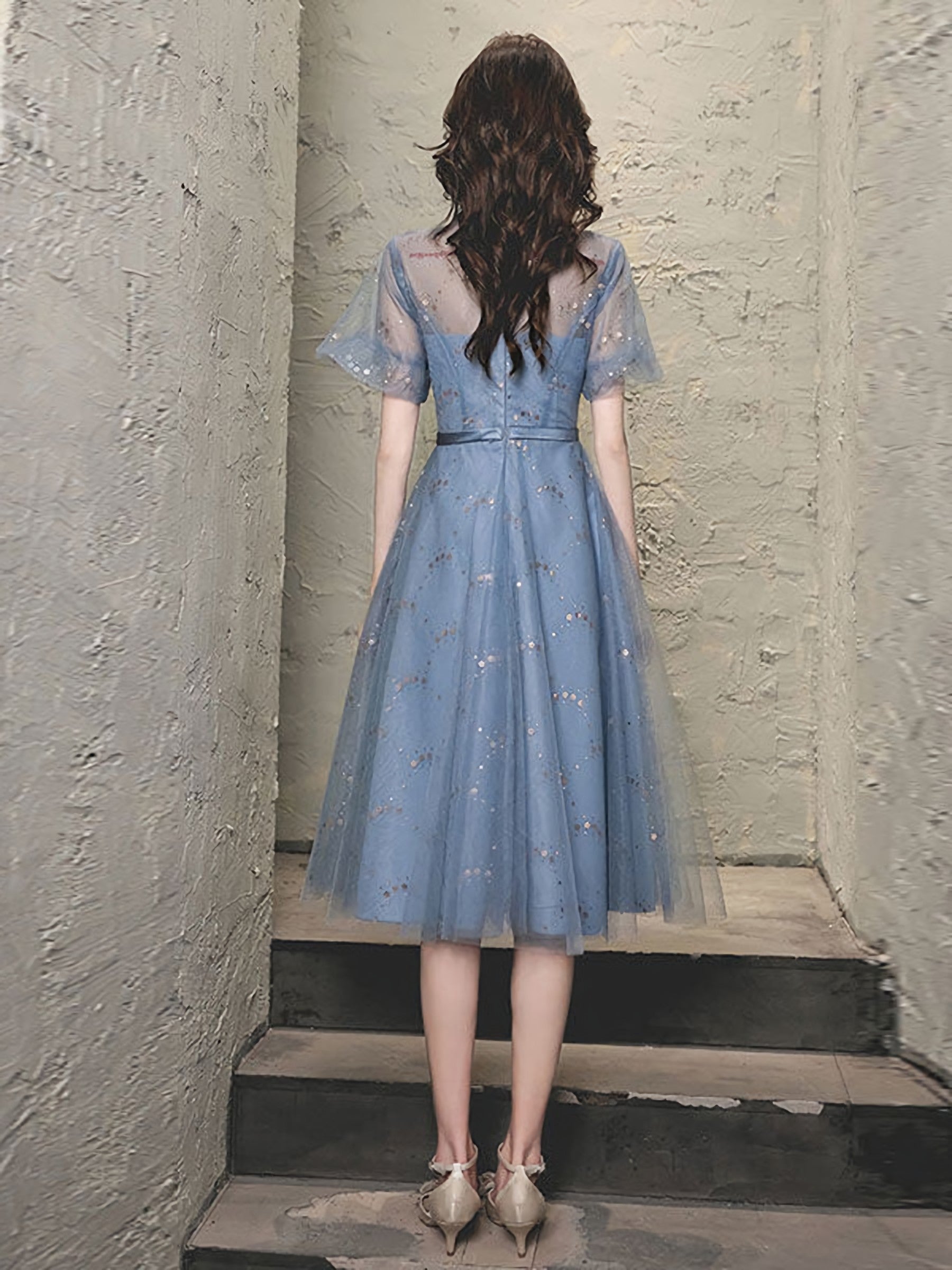 Blue Tulle Lace Short Prom Dress, Blue Tulle Homecoming Dress