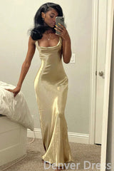 Gold Mermaid Square Sheath Floor Length Long Evening Prom Dresses