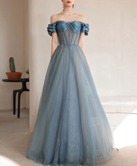 Blue Sweetheart Off Shoulder Tulle Long Prom Dress, Blue Formal Dress