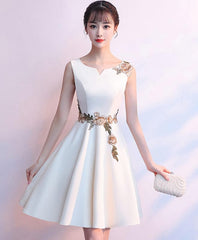 Simple White Satin Applique Short Prom Dress, Cute Homecoming Dress