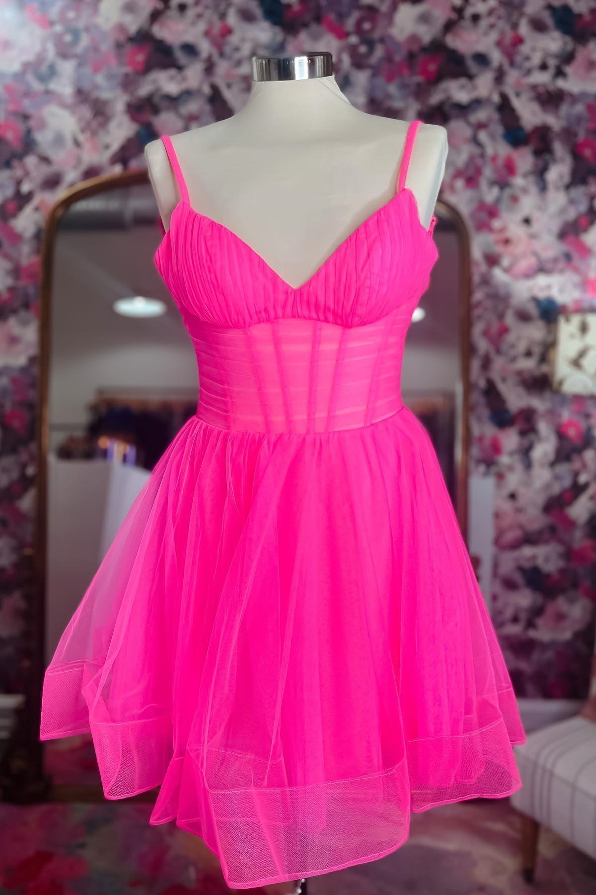 Hot Pink Deep V Neck Straps A-line Tulle Homecoming Dress