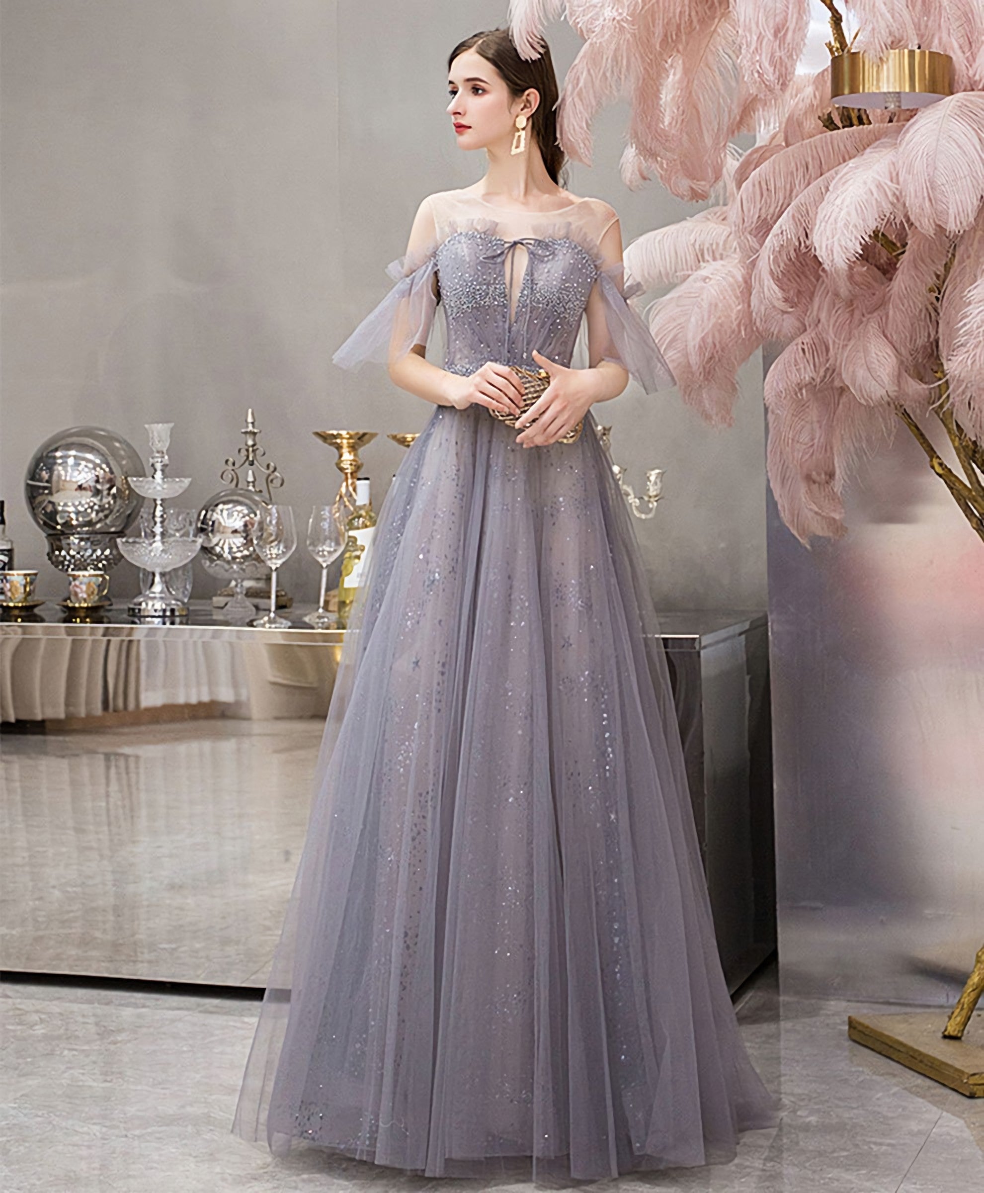 Blue Round Neck Tulle Sequin Long Prom Dress, Blue Evening Dress