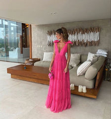Vaaleanpunainen selkänoton prom -mekko, iltapuku