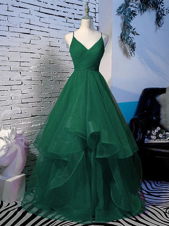 a line prom dresses evening dress spaghetti straps open back long dark green tulle with ruffles
