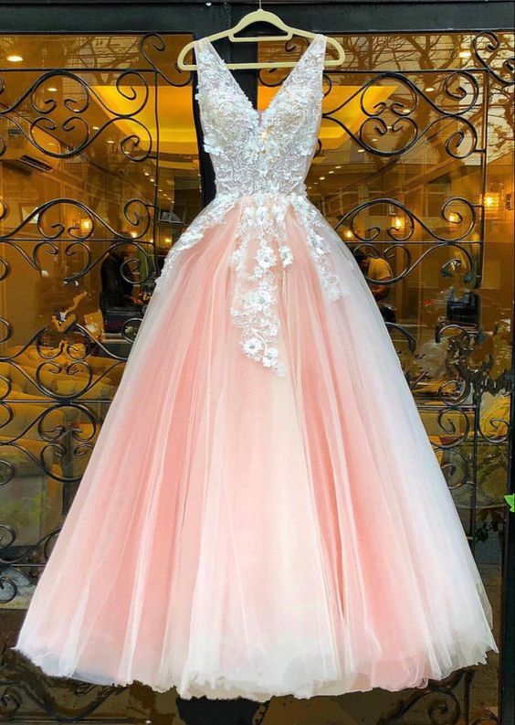 beautiful blush pink prom dreses lace embroidery v neck tulle floor length ball gown